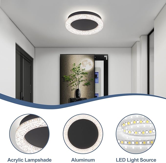 10 Inch LED Hallway Light Fixtures, 4500K Black Modern Flush Mount Ceiling Light,Round Acrylic Close to Ceiling Lighting Fixtures for Hallway Bedroom Entryway Kitchen Ceilings Lamp (Round)