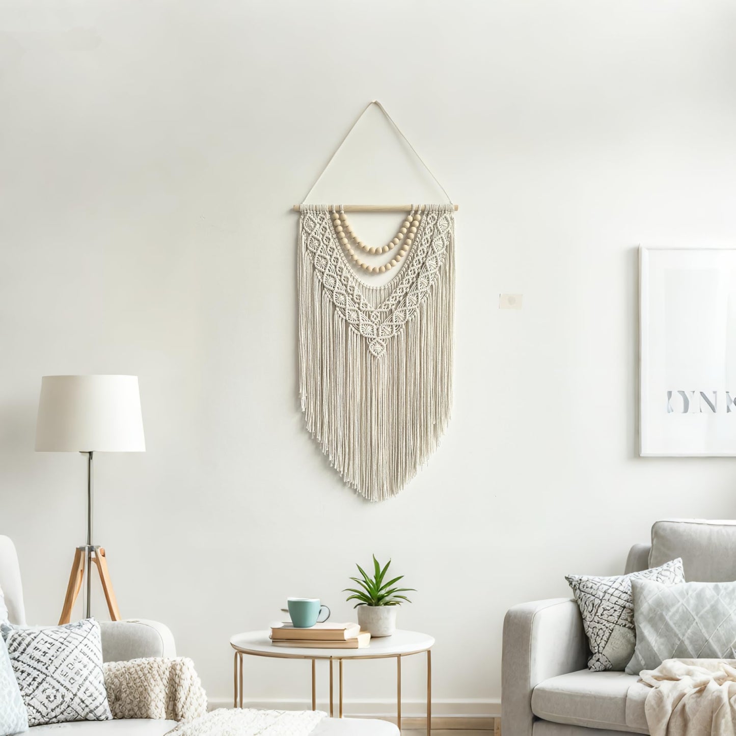 guzhiou Macrame Wall Hanging Boho Geometric Woven Tapestry Cotton Handmade Bohemian Art Decor with Wood Bead Wall Decor for Bedroom Living Room Apartment Nursery 31.5" L x 17"" W (Wood bead-B)"