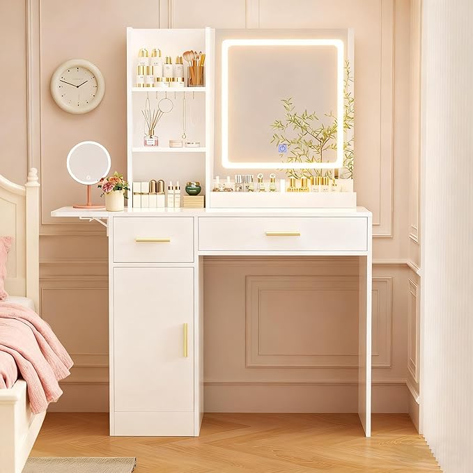 Vanity Desk with Mirror and Lights & Extral Foldable Desk, 31.5" & 39.3" Makeup Vanity Table with 5 Drawers and 3 Open Shelves, Dressing Table for Bedroom, White (White 11)