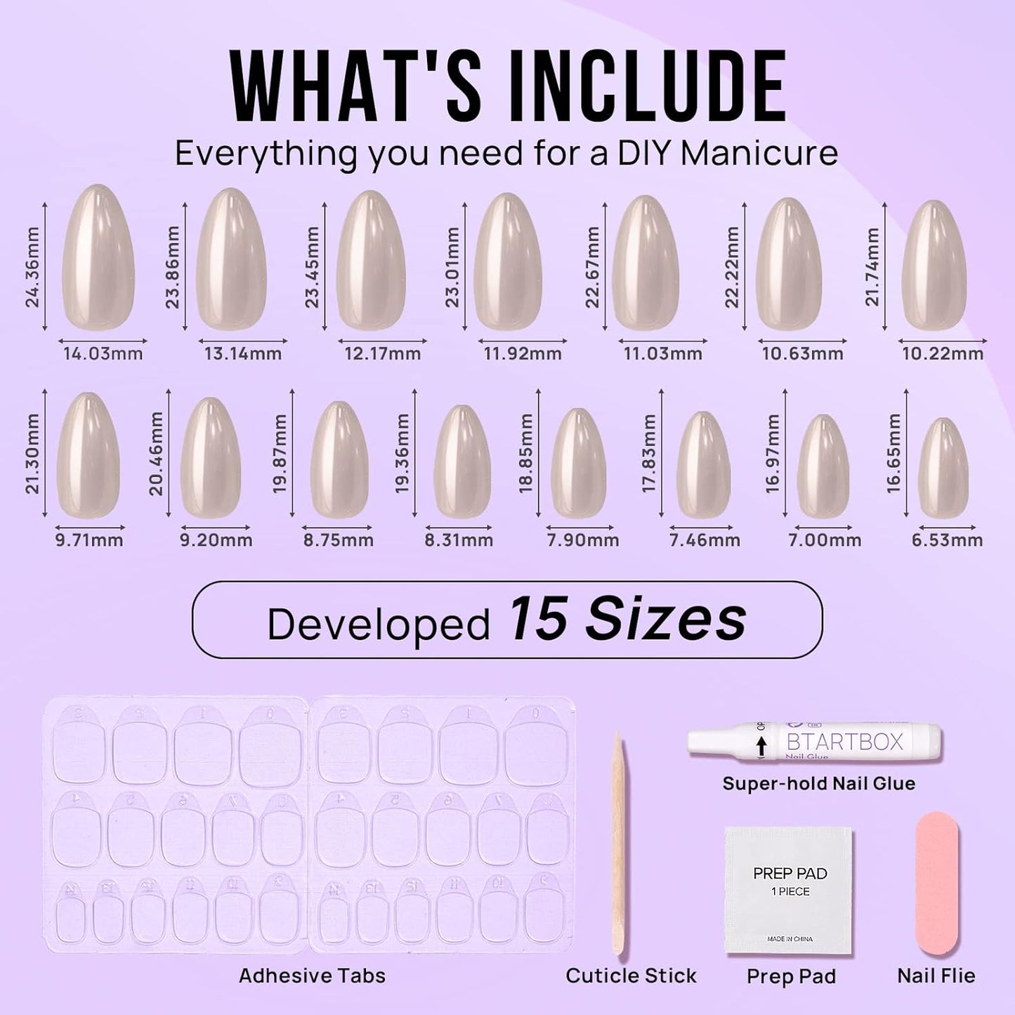 BTArtbox Press On Nails Almond - Medium Soft Gel Chrome Nails, Glue On Nails with Nail Glue, Reusable Stick On Nails in 15 Sizes - 30 Soft Gel Fake Nails Kit, Nuts Glazed