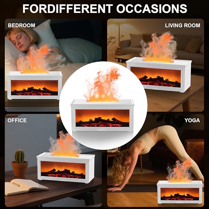 Fireplace Essential Oil Diffuser Humidifier - Ultrasonic Aroma Diffuser with 7-Color Flame Effect, Remote Control & Auto-Off Timer for Bedroom, Home Office,Yoga(White)