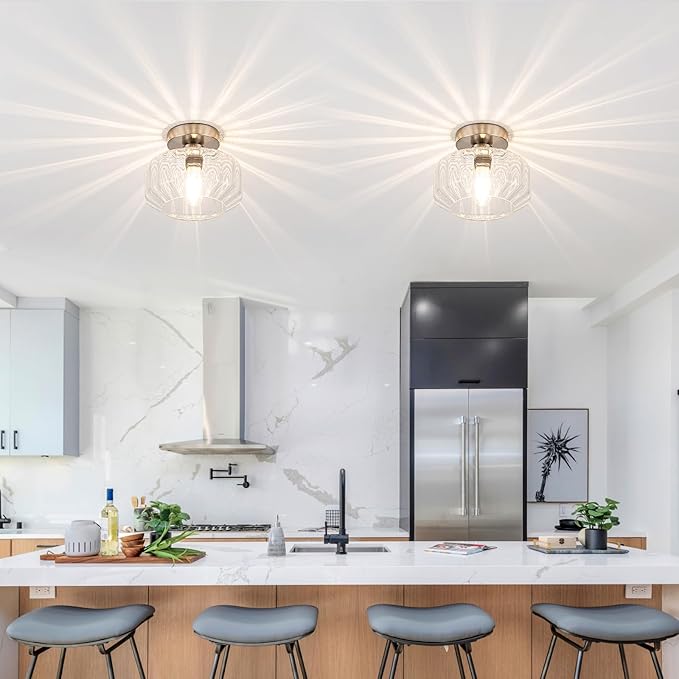 Tbaoinal Semi Flush Mount Ceiling Light with Diamond Glass Shade, 36-Faceted Panels Create Starburst Effect, 1200LM LED Bulb Included Brushed Nickel Ideal for Hallway Entryway Kitchen Bathroom