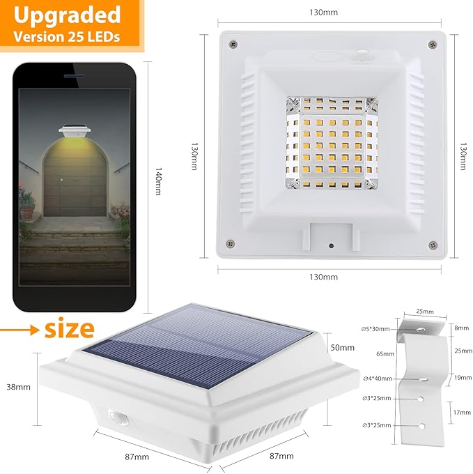 KEENZO Outdoor Solar Lights - Gutter Lights 4pcs, Solar-Powered LED Wall/Fence/Step/Deck Lights with 25 Warm White LED, Outdoor Waterproof Lighting for Garden, Patio, Backyard, Pathway and Eaves Wall