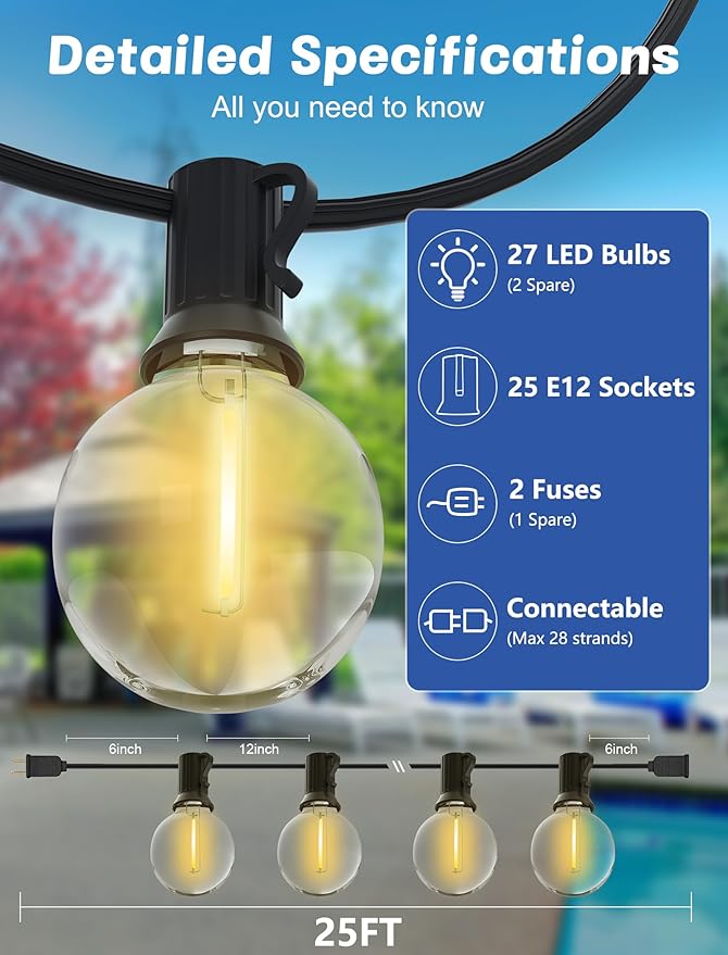 SUNSGNE G40 LED Globe Outdoor String Lights Waterproof Shatterproof, 25FT Outdoor Globe Lights with 25 LED Plastic Clear Light for Café Bistro Porch Pergola Tents Balcony Decor, Black Wire