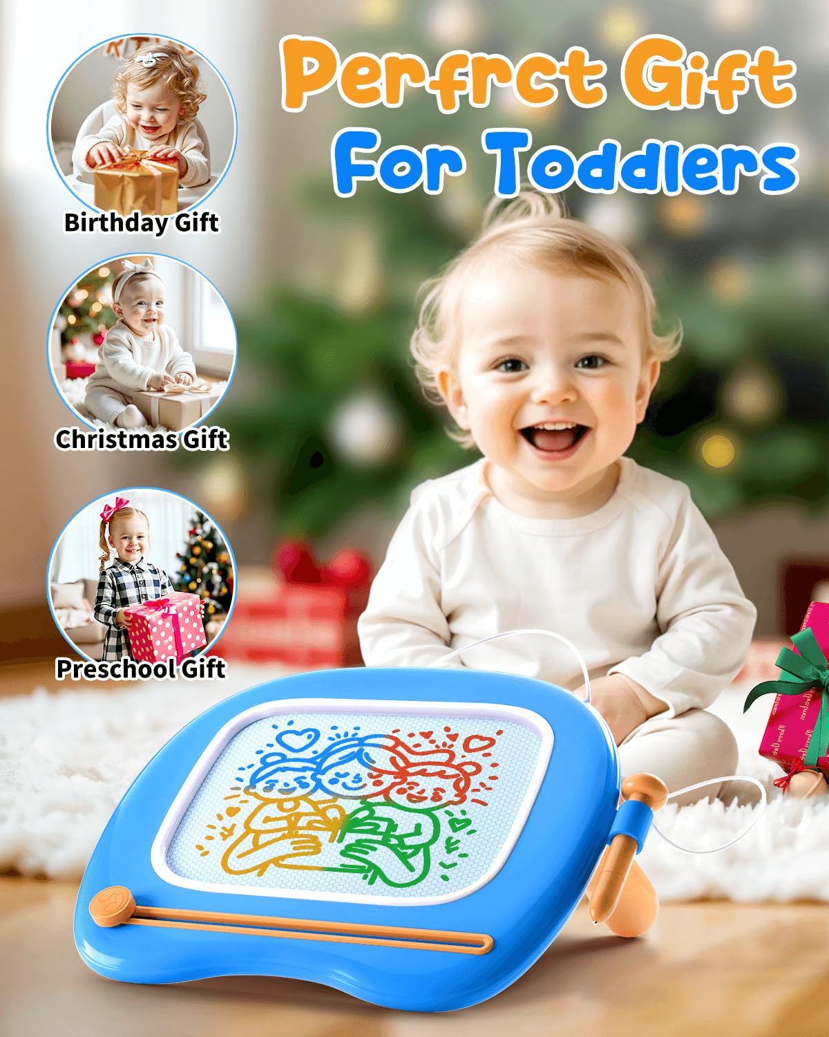 Magnetic Drawing Board Toddlers Toys for 1 2 Year Old Boys - Preschool Education Learning Toys for 12-18 Month Baby - Doodle Pad Birthday Gifts Presents for Kids Age 1-3 - Blue