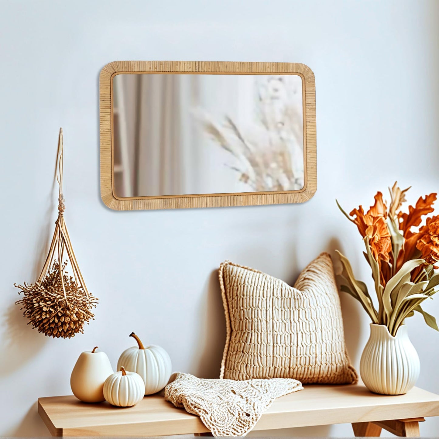 FUIN 20" x 30" Rattan Wicker Rectangle Wall Mounted Bathroom Mirror for Coastal Boho Nursery Decor, Natural