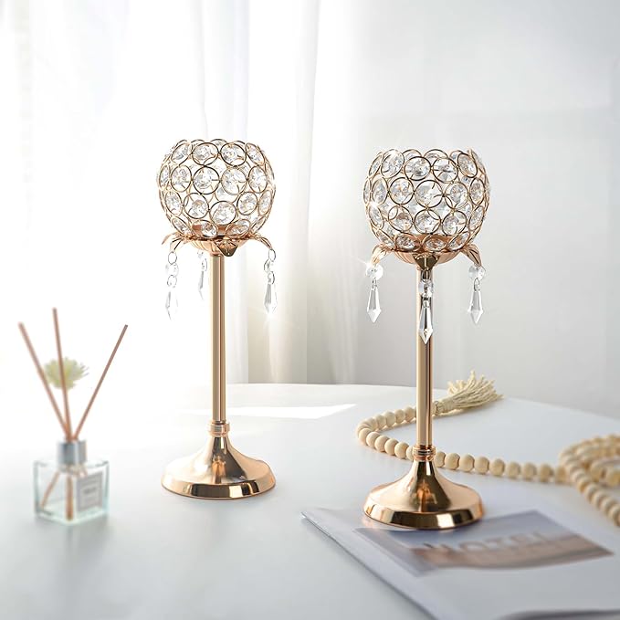 Crystal Tea Light Candlestick Holders Flower Shape with Crystal Pendant Bowl Votive Metal Candle Holder for Table Centerpieces Wedding Home Decor (Set of 2 high, Gold)