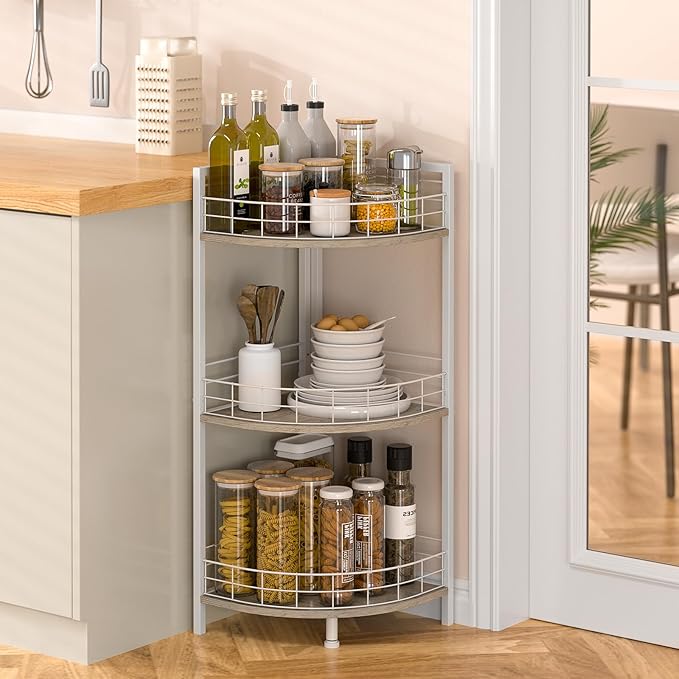 DAOUTIME Bathroom Standing Shelf, 3 Tier Free-Standing Shelf Units, Open Floor Shelves, Triangular Curved Corner Shelf Stand for Small Space, Ideal for Bathroom,Kitchen,Vanity Storage and Organizer