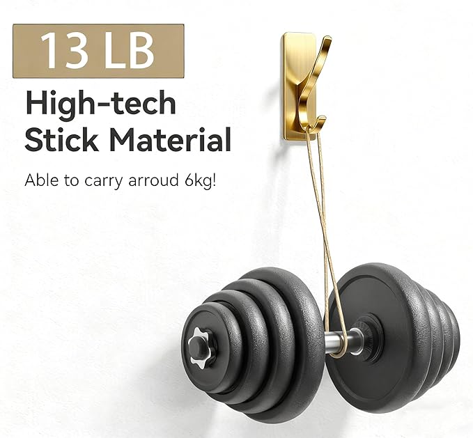 pickpiff Self Adhesive Coat Hooks for Hanging, Heavy Duty Stainless Double Wall Hook for Towel, Backpack, Hat, Sturdy Metal Hanger for Bathroom, Bedroom, Door, Wall Mounted, 6-Pack, Brushed Gold