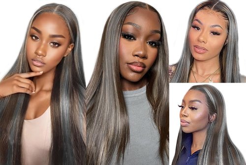 Giginger Bundles Human Hair P4/GREY 18 20 22 inch Straight Wave Human Hair Bundles Highlight Chocolate Grey Unprocessed Quick Weave Soft Sewn In Hair Extensions for Black Women