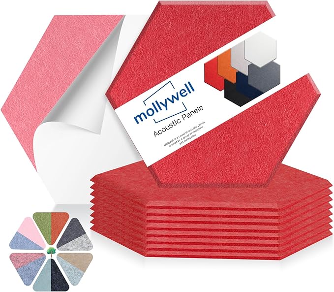 Mollywell Hexagon Acoustic Panels 14x12 - Reduce Echo & Reverb, Noise Blocking Wall Tiles for Gaming Room & Recording Studio, Red Sound Absorbing Panels