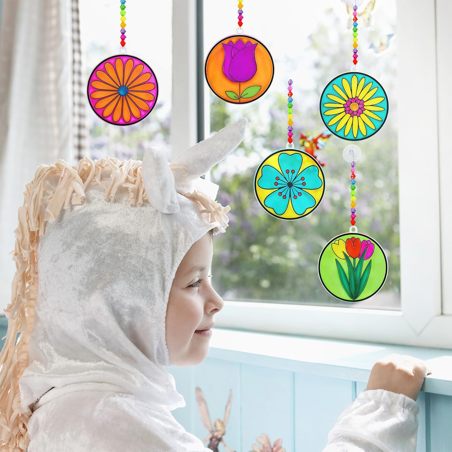 Winlyn 24 Set Spring Flower Suncatchers Ornaments Decorations DIY Window Paint Art Kit for Kids Classroom Activities Party Favors