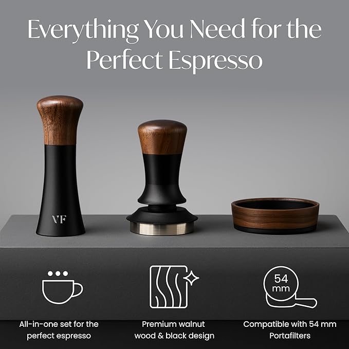 Espresso Accessories Kit for 54mm Portafilter – Premium Matching Barista Tools Set with Durable Aluminum and Real Walnut Wood – Espresso Tamper, WDT Tool and Magnetic Dosing Funnel – Black & Walnut