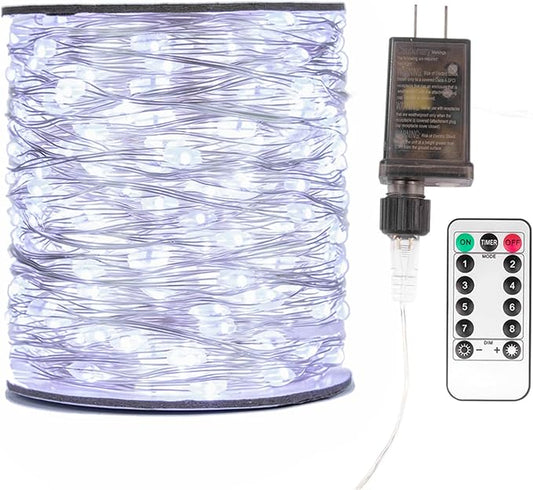 Fairy Lights Plug in,100FT 600 LEDs Waterproof Led String Lights,8 Modes Remote Twinkle Light for Bedroom Window Weddings Christmas Holiday Decoration,Silver Wire,2 Inch Led Space,Cool White