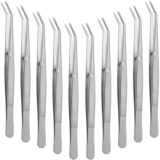 Honoson 10 Pcs Stainless Steel Tweezers for Crafting with Curved Serrated Tip Multipurpose Forceps Sewing Machine Tweezers Bulk (Silver)