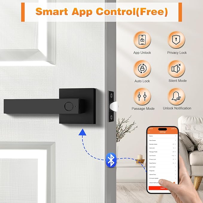 Probrico Fingerprint Door Lock, Biometric Door Handle with Smart Lock, Keyless Entry Door Handle Lock with App, Black Square Electronic Smart Door Lock for Bedroom, Apartment, Office, Front Door