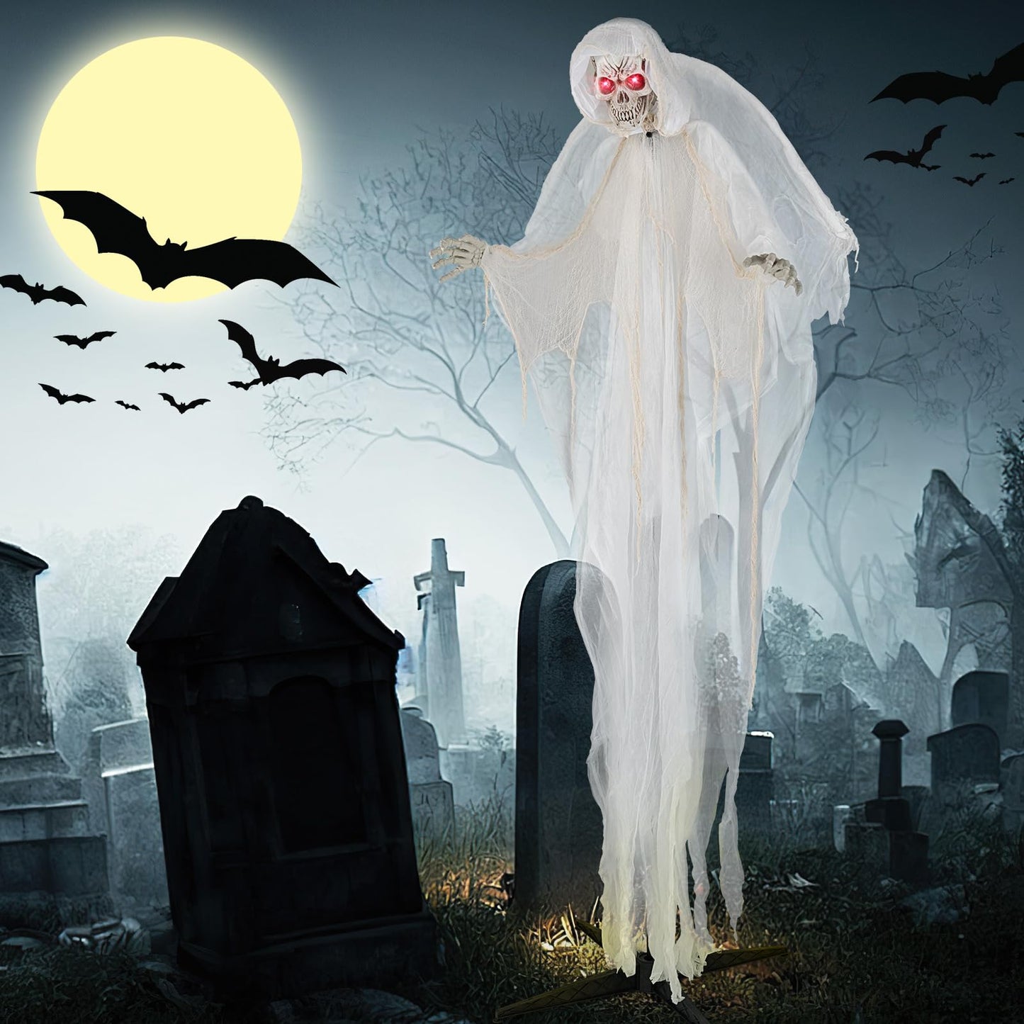 Tangkula 8.3 ft Halloween Standing Haunted Angel, Voice Activated Animatronic Ghost w/Lighted Eyes, Automatic Wing Movement & Terrifying Sounds, Holiday Skeleton Angel Decoration for Indoor Outdoor