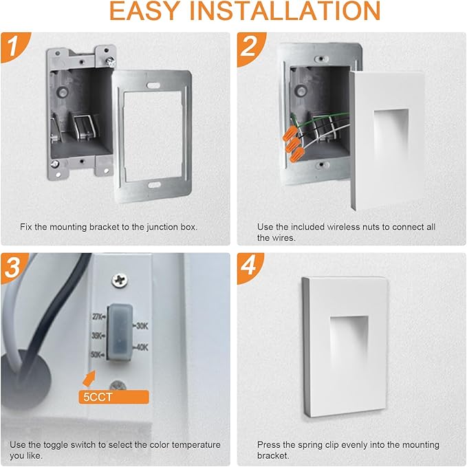 Vertical LED Recessed Step Light Fixture, 5CCT Selectable, IP65 Waterproof, 3W 70LM, 120V Stair Light Indoor Outdoor, 10%-100% Dimmable, White, ETL Listed - 4PK