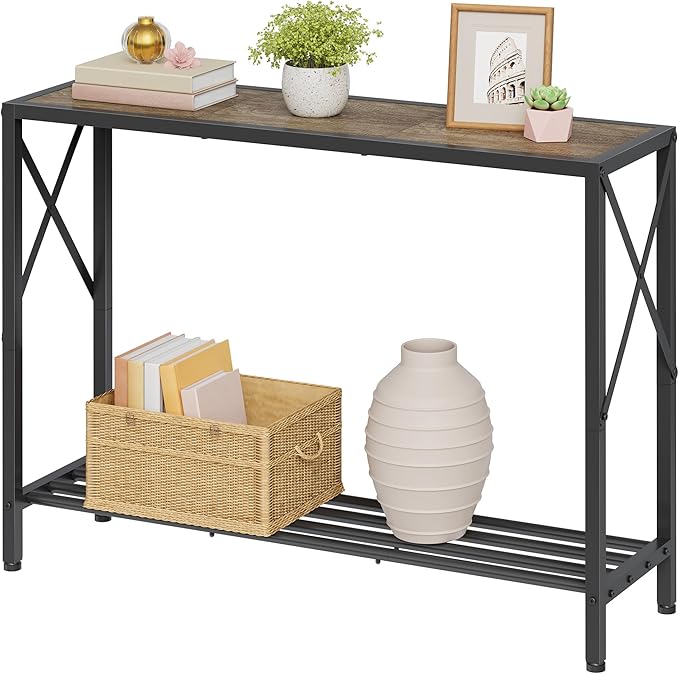 Tajsoon Console Table 41.8”, 2-Tier Industrial entryway Table, Narrow Sofa Table with Shelves, Entrance Table for Entryway, Hallway, Living Room, Foyer, Corridor, Office, Grey & Black
