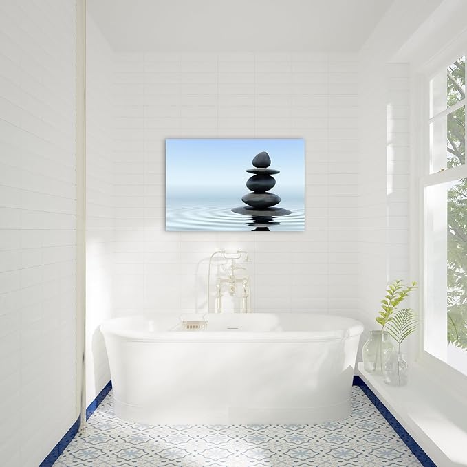 Zen Wall Art Decor, Modern Bathroom Zen Decor Wall Art, Zen Relaxing Canvas Wall Art for Spa Room Decor, Black Pebble and Waves Tranquil Zen Art Prints for Office & Spa Wall Decor 12x18 Inches