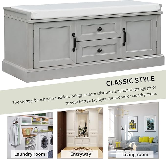 Merax Classic Wood Shoe Storage Bench with Drawers and Seat Cushion for Entryway Hallway Front Door Gray Wash