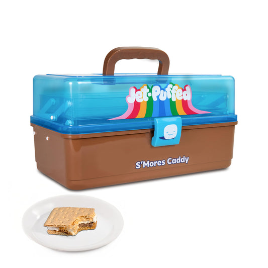 Nostalgia Jet-Puffed Lighted S’mores Caddy, Essential Marshmallow Roasting and S’mores Making Supplies for Camping, Vacation, and Backyard Bonfires, Carry Handle, Retractable Trays, and Carry Handle