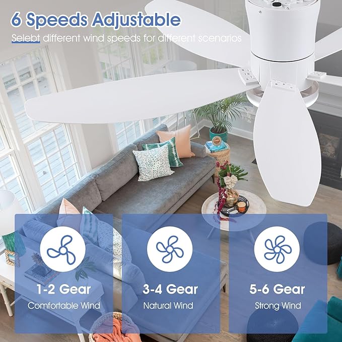 48" Ceiling Fans with Lights-Low Profile Ceiling Fan with Light and Remote/APP Control,Flush Mount,DC Reversible,LED Dimmable Modern Ceiling Fans for Bedroom,Indoor/Outdoor Patio Use(White)