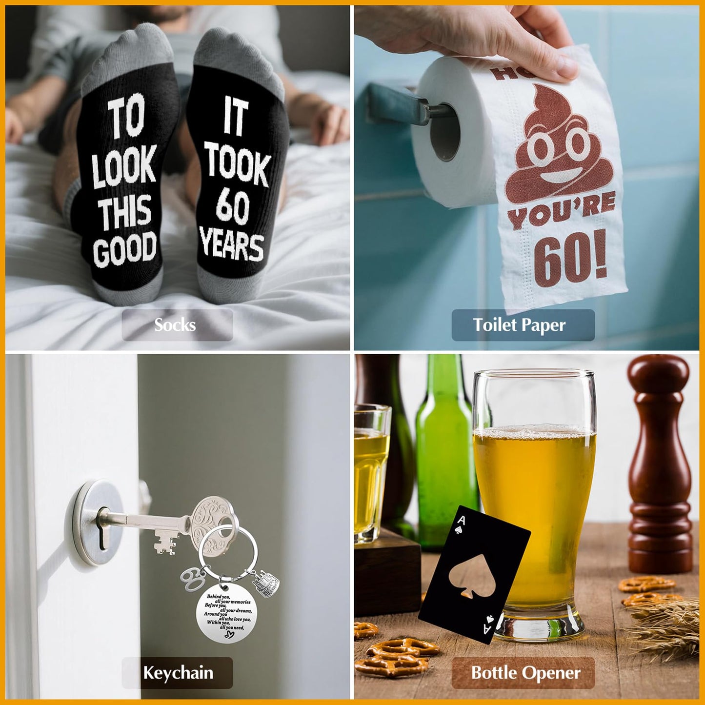 60th Birthday Gifts for Men Whiskey Glass Set, 60th Birthday Party Supplies with 11 Oz Whiskey Glass Coaster Stone Baseball Cap Apron Sock Funny Toliet Paper Keychain for Him, Dad, Husband, Friends