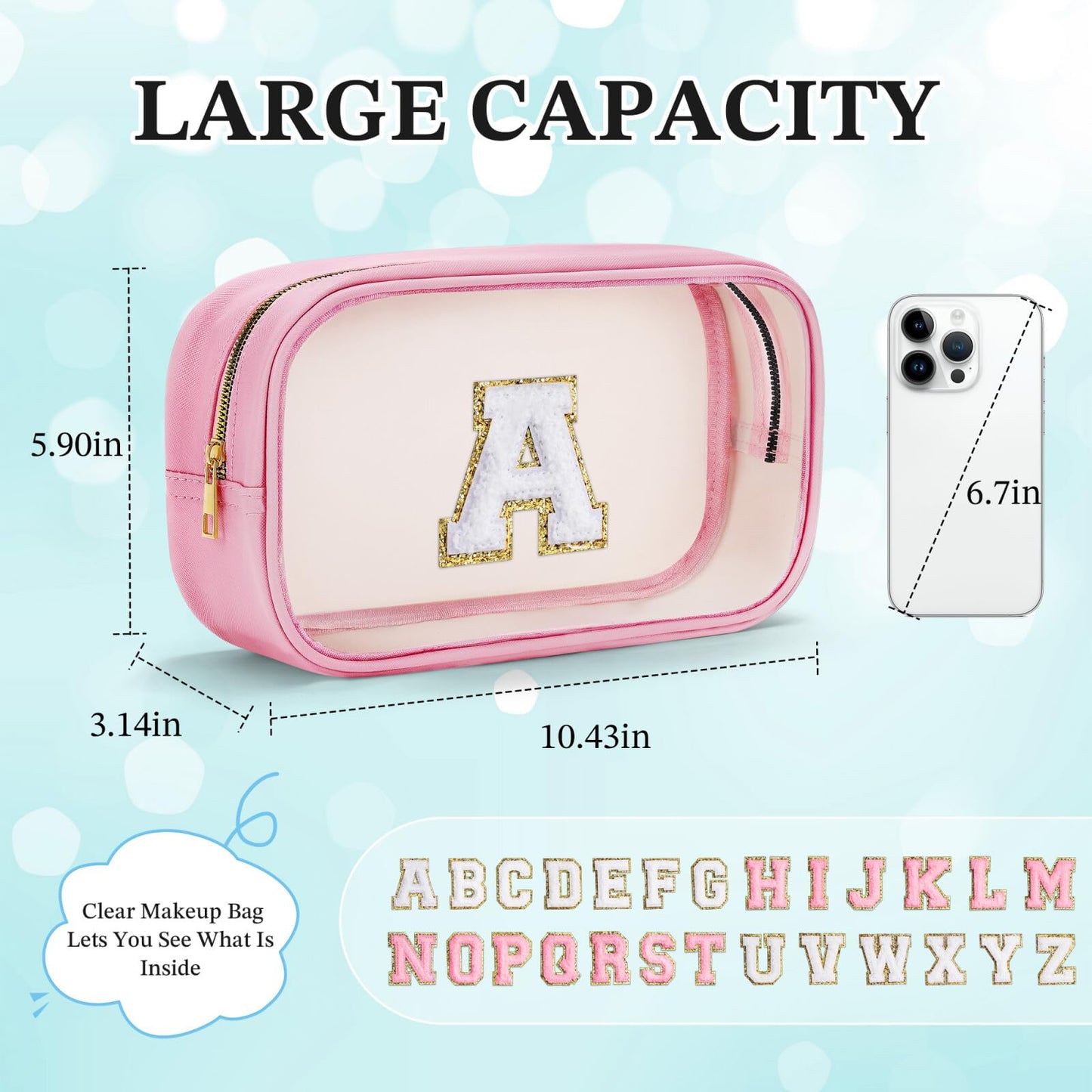 YOOLIFE Travel Toiletry Bag for Women, Pink Clear Makeup Bag Cute Make Up Bag for Women Cosmetic Bags Skin Care Makeup Bag Organizer Birthday Gifts for Women Teacher Mother Girlfriend Initial P