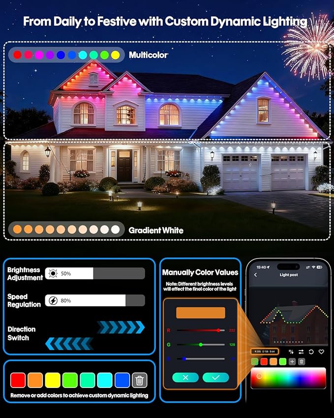 Permanent Outdoor Lights 100FT, Smart RGB+IC Eave Lights with Remote APP Control, DIY LED Color Individual, White & Colorful Christmas String Light, IP67 Waterproof for House Outside Decor