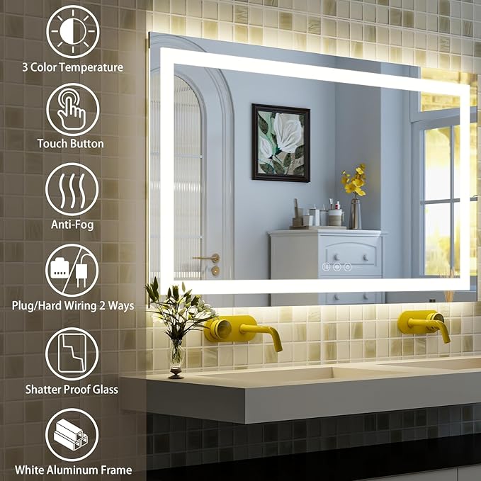 36"x 48"LED Bathroom Mirror, Backlit + Front Lit, LED Bathroom Mirror with Lights for Wall, 3 Colors, Anti-Fog, Dimmable Brightness, Tempered Glass