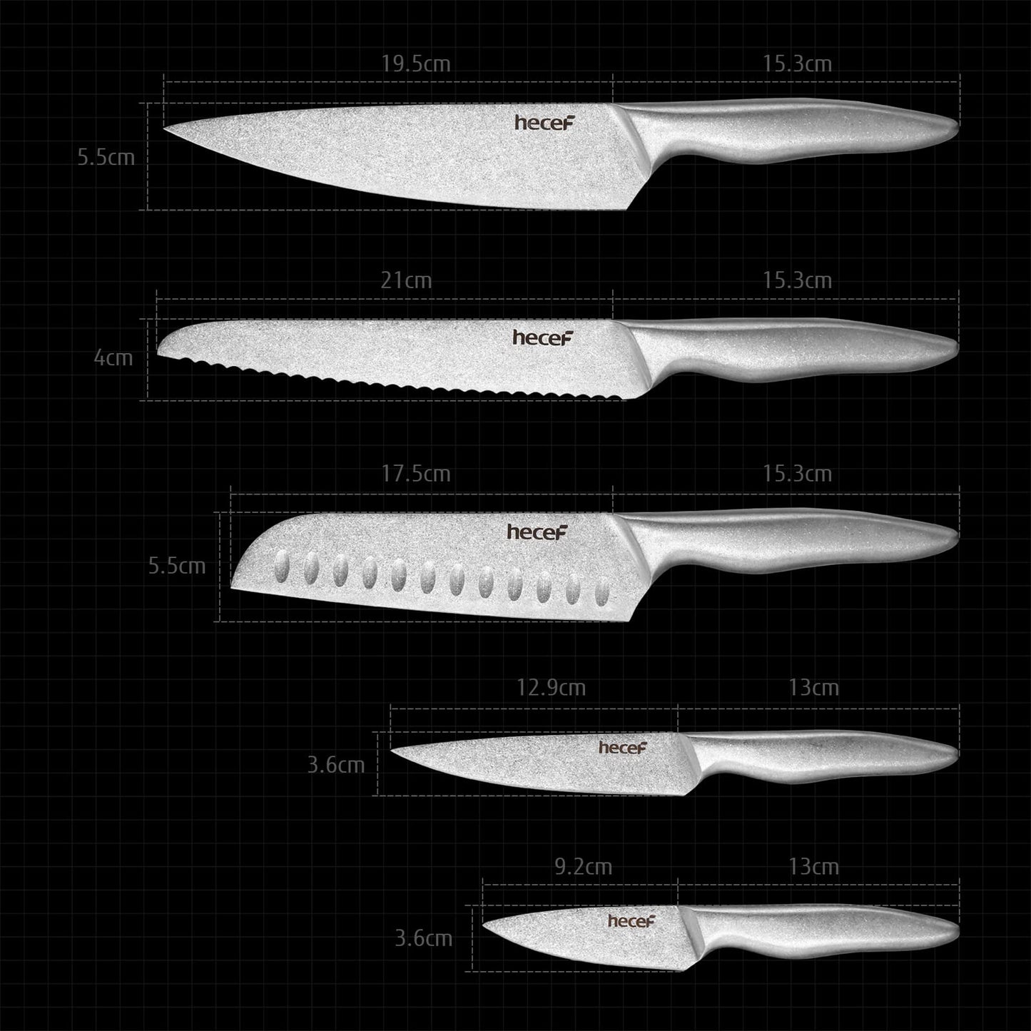 hecef Vintage Style Kitchen Knife Sets,Scratch Resistant Camping Matte Knives with 5 Slots Recycled Oxford Cloth Knife Roll Bag & Covers,Stonewashed High Carbon Stainless Steel Blades & Hollow Handle