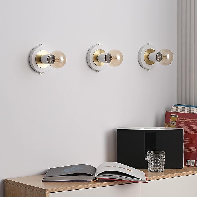 BRIGHTTIA Luna Uno 1-Light Wall Sconce - Mid Century Industrial Modern Flush Mount Fixture for Wall & Ceiling - Minimalist Lamp for Bathroom and Small Spaces - White & Gold (BC0026-1WG)