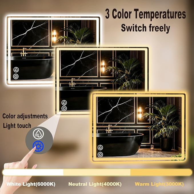 LTFUUAI 28"X36" LED Bathroom Mirror with Lights, Smart Touch 3-Color Dimming Lighted Vanity Mirror Wall Mounted, Anti-Fog Shatterproof with Front & Back Light, for Bathroom Vanity(Horizontal/Vertical)