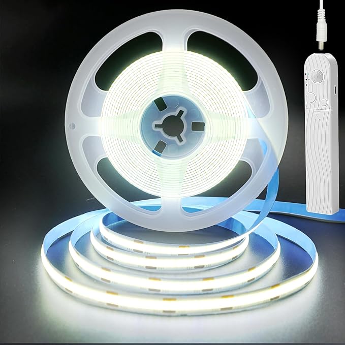 5V Motion Sensor COB LED Strip Lights 2P,Time-Delay and Brightness Adjustable,Two Power Supply Options: Batteries(Not Included) or USB,6.56FT/2M,Cool White 6500K,320LED/M,for Kitchen Cabinet