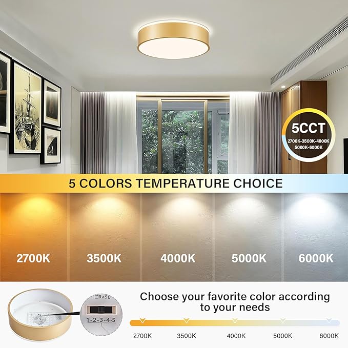 Dimmable Gold LED Large Flush Mount Ceiling Light, 5CCT 2700K-6000K Ceiling Light Fixture,Modern Round Metal Ceiling Lamp for Bedroom, Kitchen, Living Room 36W- 15.7in