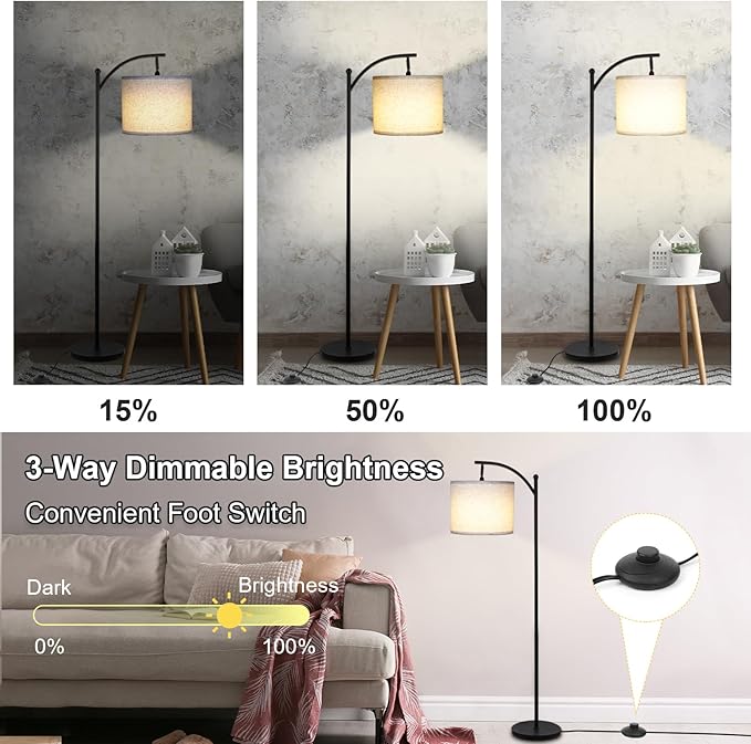 Modern Floor Lamp, 3-Ways Dimmable Standing Lamp with Linen Shade, Adjustable Height, Foot-Step Switch, Reading Lamp for Living Room, Bedroom, Office, 9W Bulb Included (Black)