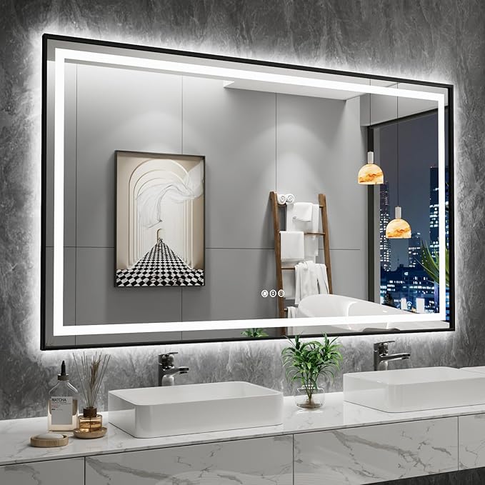 Amorho LED Bathroom Mirror, 60" X36" Framed Front Light and Backlit, Stepless Dimmable, Anti-Fog, Shatter-Proof, Memory, 3 Colors, Double LED Vanity Mirror