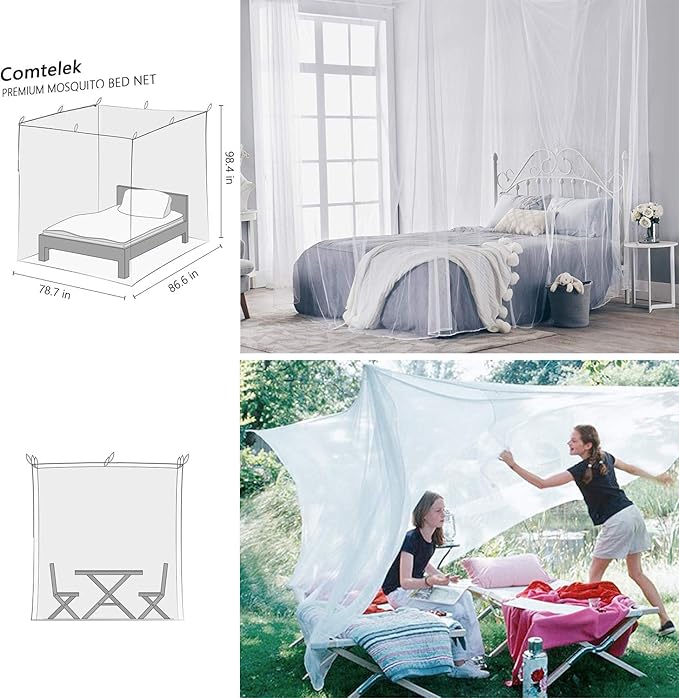 Comtelek Bed Canopy, Canopy Bed Curtains Bed Drapes for Full Queen King Size Bed Mosquito Net Bed Canopy Curtains for Patio Indoor Outdoor Room Decor Screen Netting Canopy Curtains White