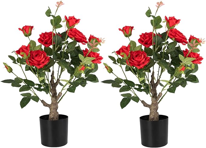 Artificial Rose Flower Trees 2 Pack- 24’’ Lifelike Plant in Pot with Red Flowers Decorative Rose Trees for Home, Office, Wedding, and Event Decor, Red