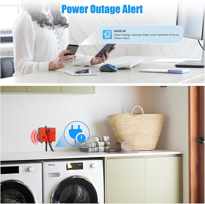 Ortis WiFi Power Failure & Water Leak Alarm, Real-Time Monitoring of Water Level, Temperature & Humidity, 110dB Siren with Flashing Light, APP Alerts, Ideal for Laundry Rooms & Basements