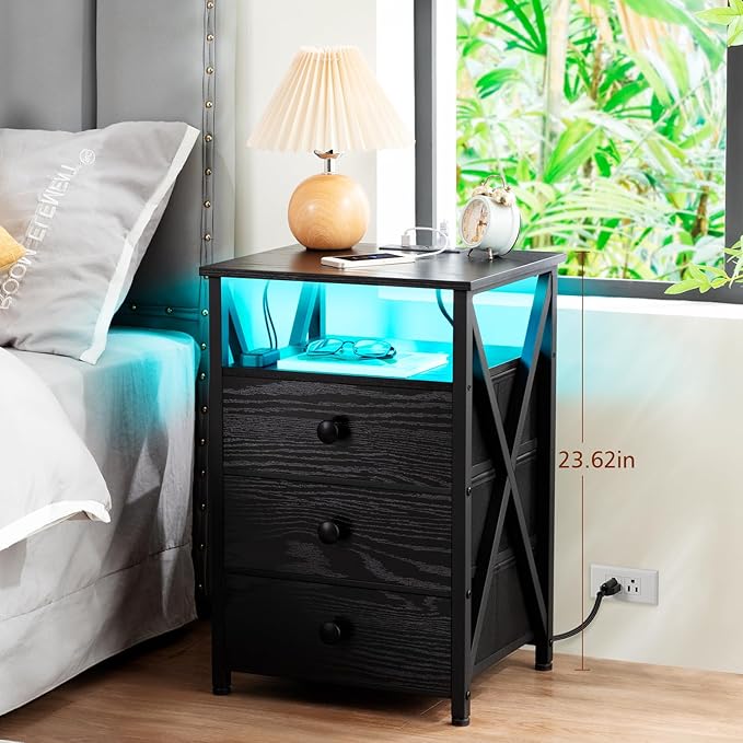 AMHANCIBLE Night Stand Set 2, LED Nightstand with Charging Station, End Side Tables with USB Port & Outlet, Bedside Table with Fabric Drawers for Bedroom Living Room, Black, HET053LBK