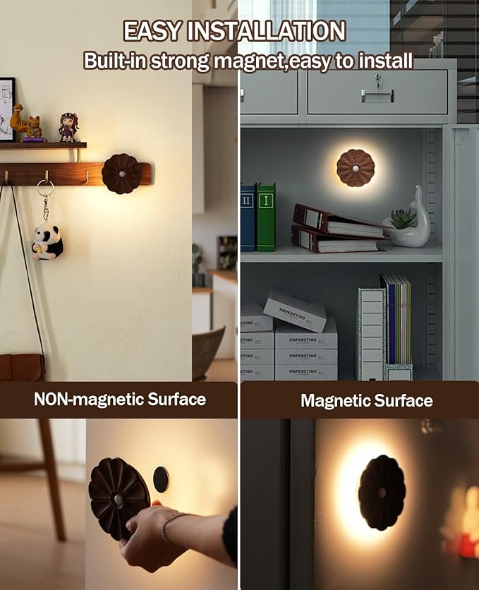 Motion Sensor Night Light Wooden Carved Flower USB Rechargeable Stick-On Step Lights Magnetic Mini Wall Lights for Hallway Bedroom Living Room Stair (Black Walnut)