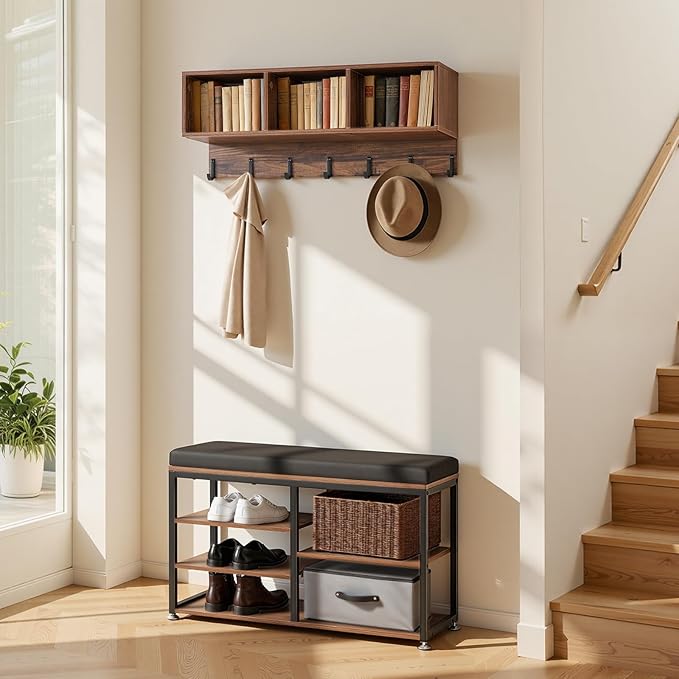 VEVOR Coat Rack with Shoe Bench, 3-in-1 Shoe Coat Rack Combo Set with Hooks and Bookshelf, Steel Frame Hall Tree Entrance Storage Organizer Holder for Entry, Bedroom, Closet, Office, Rustic Brown