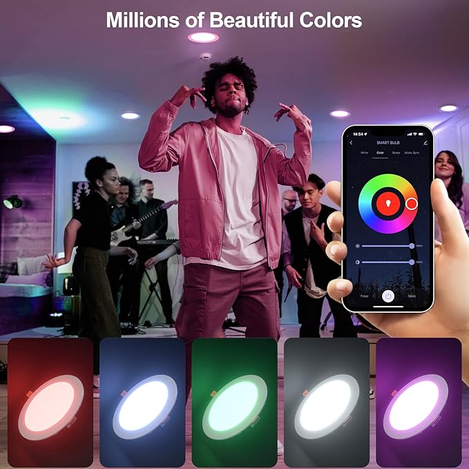 ORALUCE Smart Recessed Lighting 6 Inch, WiFi＆Bluetooth Color Changing Retrofit LED Can Lights, 13W 1050LM RGBCW 2700-6500K Ultra-Thin Wafer Lights Compatible with Alexa/Google Assistant, 4Pack