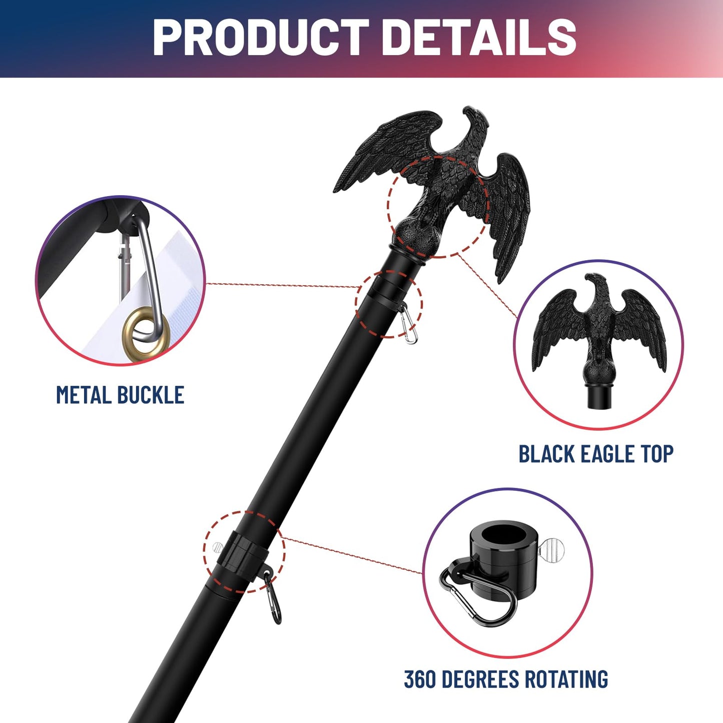IN WHICH BAY Indoor Flag Pole Kit - Telescoping 6FT-8FT Flag Pole with Base, 3x5 FT Embroidered Stars American Flag,Black Eagle Topper, Black Flagpole and Stand, for Office School City Hall(1Pack)