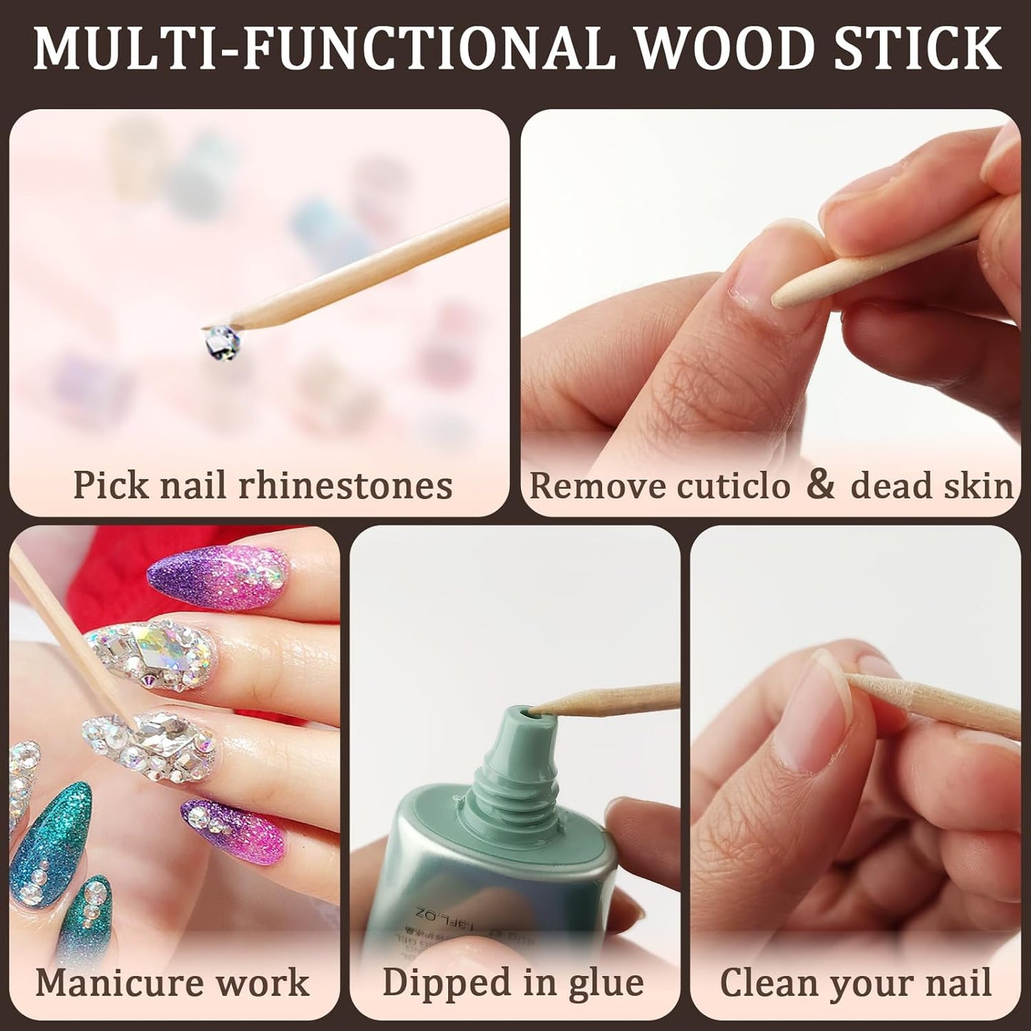 300 Pcs 4.5 Inch Orange Wooden Cuticle Pusher Sticks, Double-Sided Professional Manicure and Pedicure Pushers for Nail Art