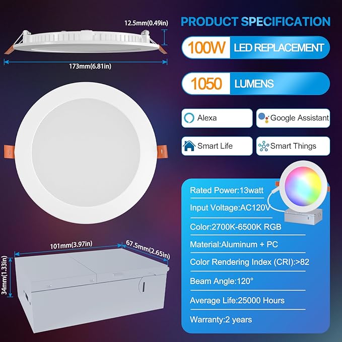 ORALUCE Smart Recessed Lighting 6 Inch, WiFi＆Bluetooth Color Changing Retrofit LED Can Lights, 13W 1050LM RGBCW 2700-6500K Ultra-Thin Wafer Lights Compatible with Alexa/Google Assistant, 4Pack