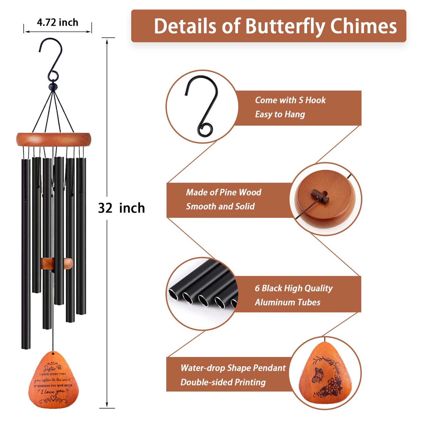 Sister Gifts, Sister Birthday Gift, 32" Sister Butterfly Wind Chimes, Sisters Gifts from Sister for Christmas Mothers Day