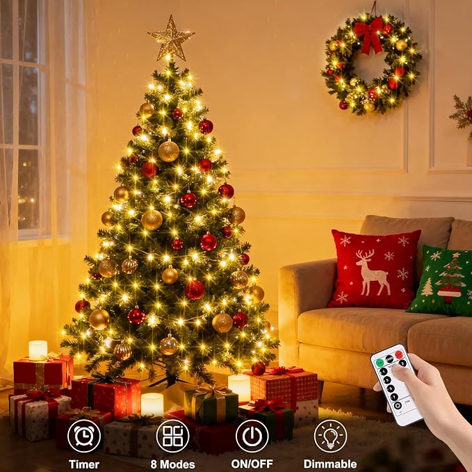 echosari Christmas String Lights Battery Powered, 33Ft 100 LED String Lights with Remote Dimmable Timer Fairy Lights for Wedding Party Garden Decor (Warm White)